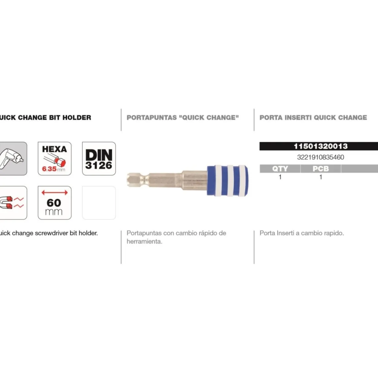 Adaptador puntas 1/4" ajuste rápido 60mm magnético Tivoly