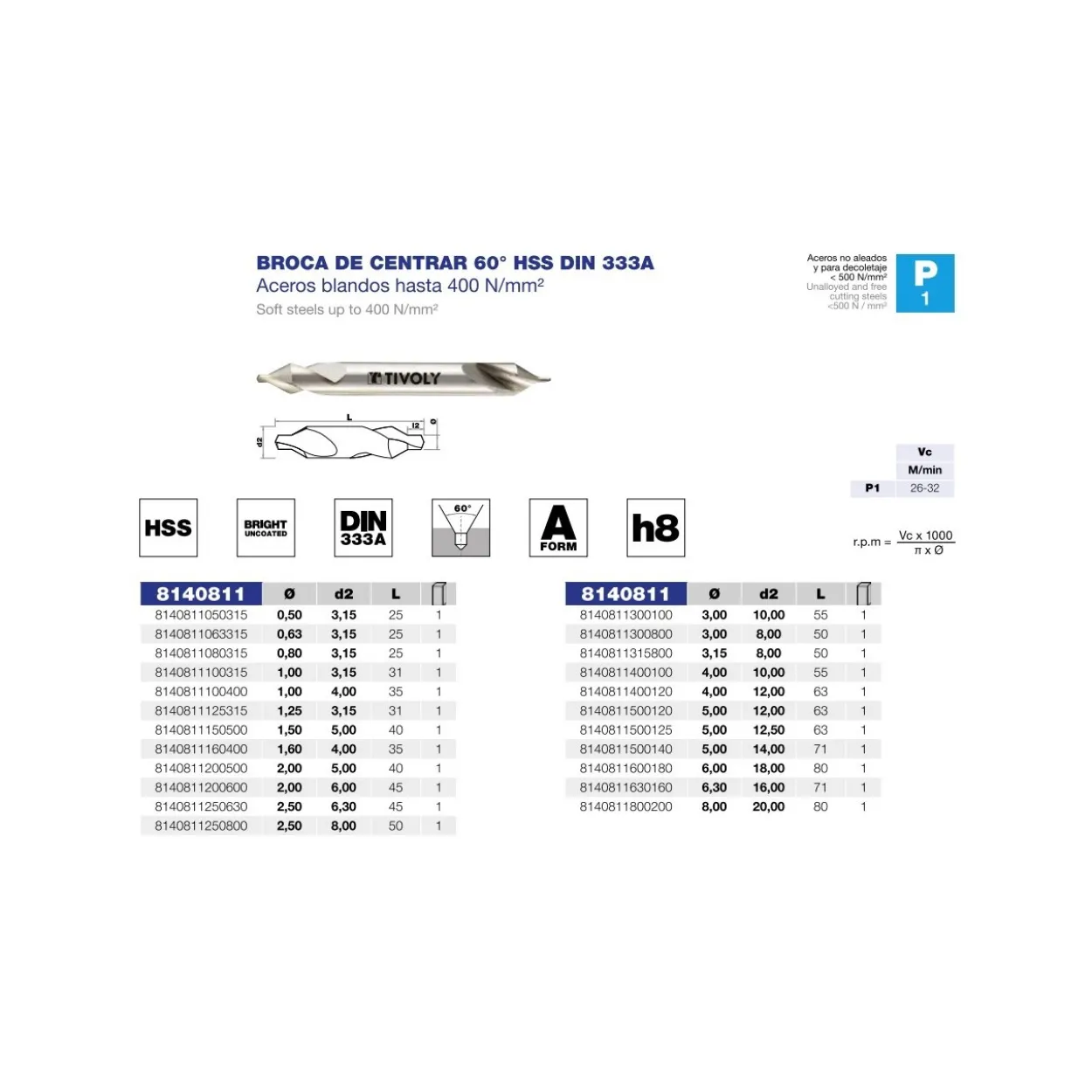 Broca de centrar DIN-333A HSS 60º