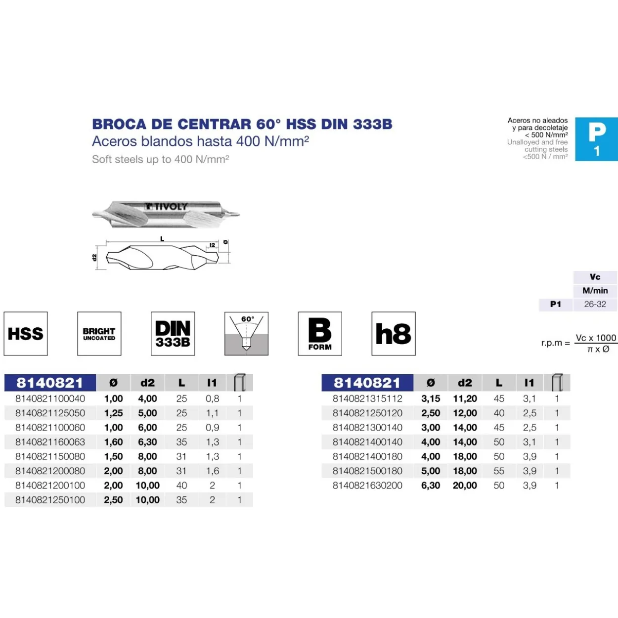 Broca de centrar DIN-333B HSS 60º