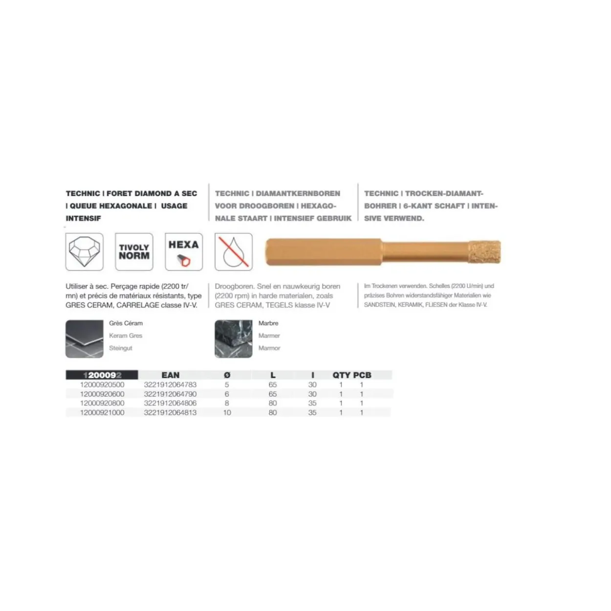 Broca diamante Tivoly gres porcelanico seco