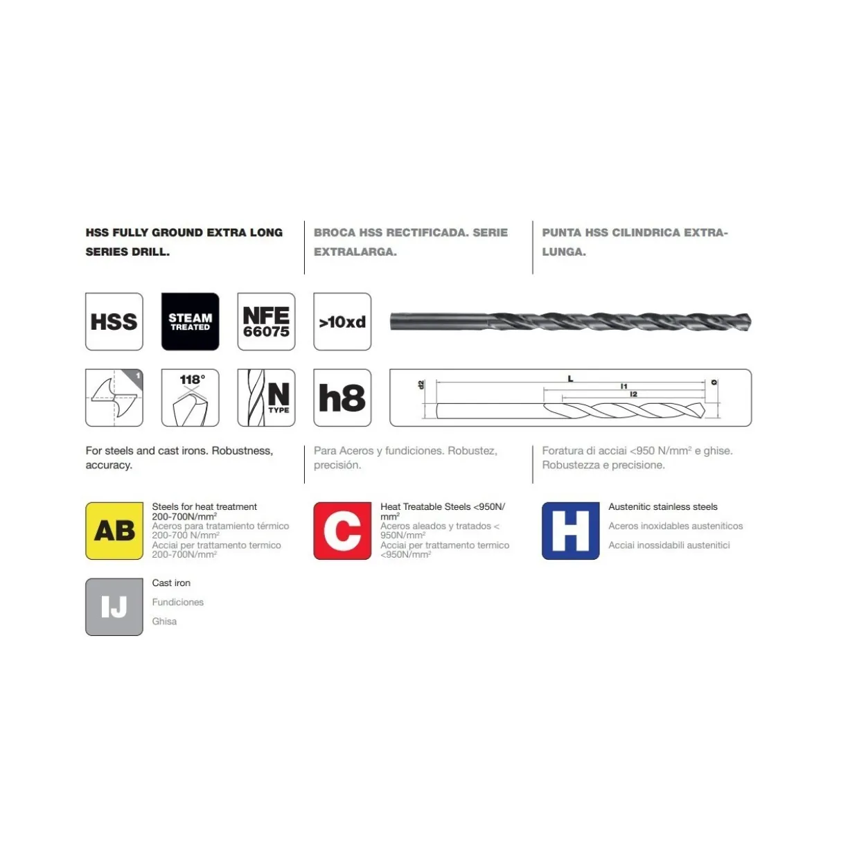 Broca NFE-66075 cilíndrica HSS 10XD estándar extralarga