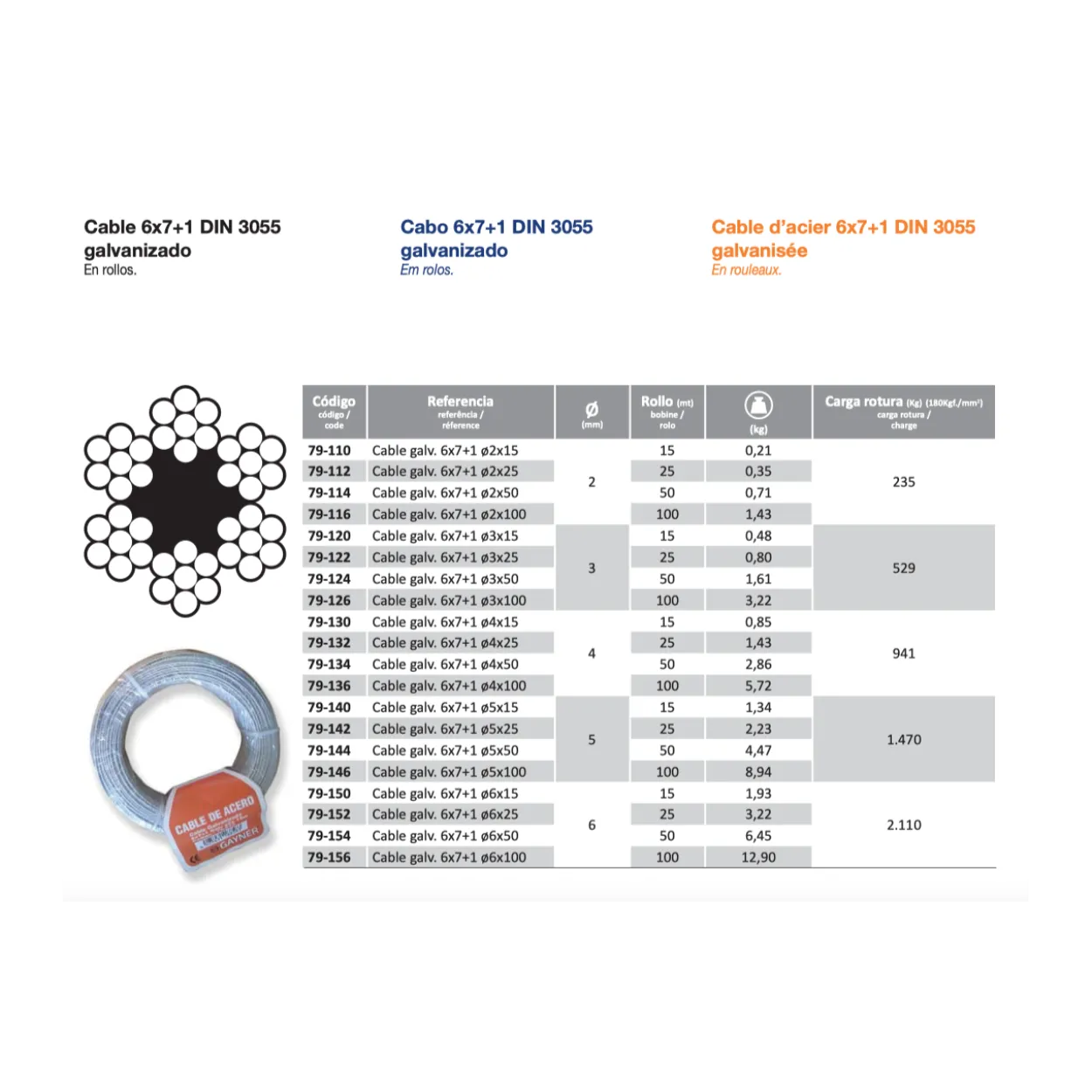 Cable de acero DIN-3055 6x7+1 galvanizado
