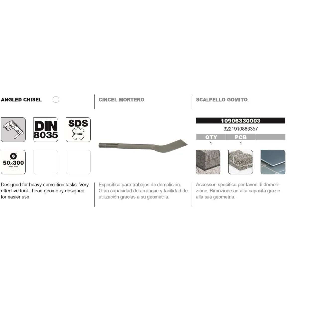 Cincel DIN-8035 SDS-Max Tivoly angular mortero