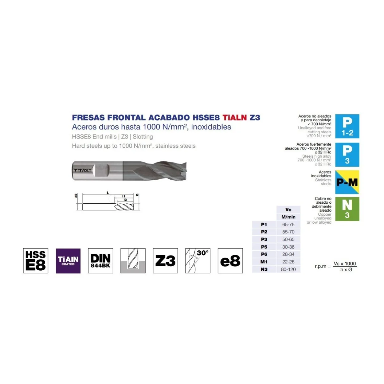 Fresa frontal DIN-844BK acabado HSSE8 TiALN Z3
