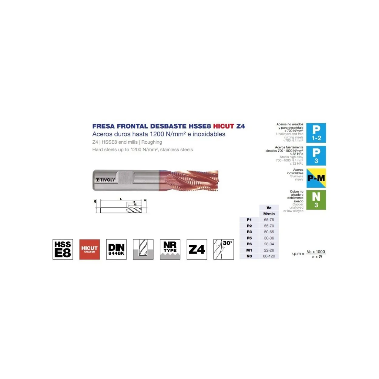 Fresa frontal DIN-844BK desbaste HSSE8 HICUT Z4