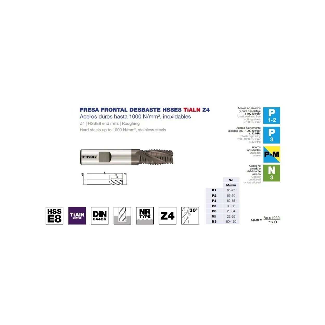 Fresa frontal DIN-844BK desbaste HSSE8 TiALN Z4