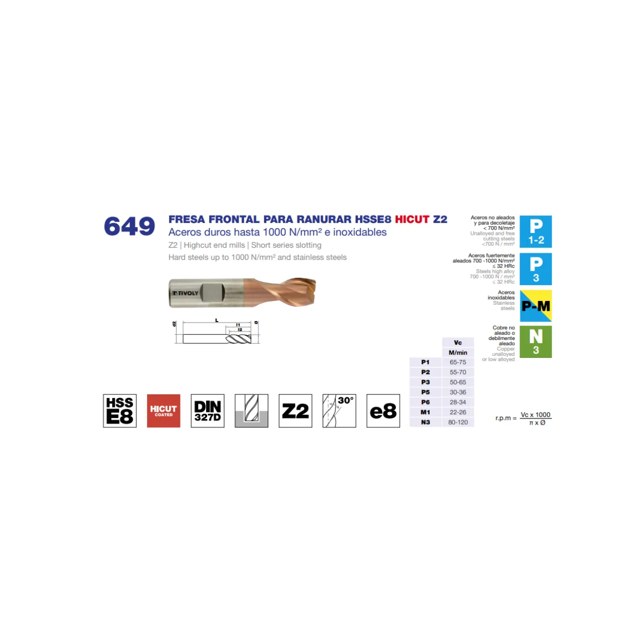 Fresa frontal DIN-327D ranurado HSSE8 HICUT Z2
