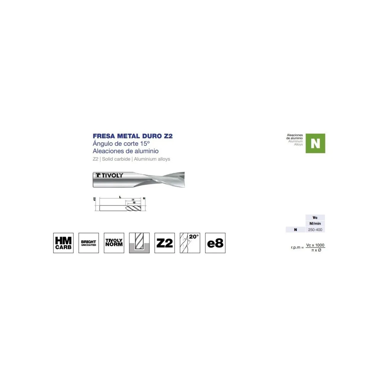 Fresa para ranurar metal duro HM Z2 aluminio