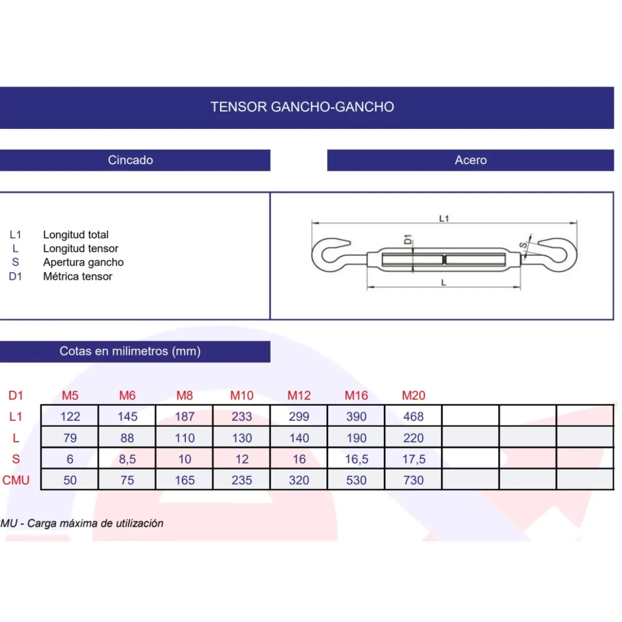 Tensor DIN-1480 gancho-gancho cincado