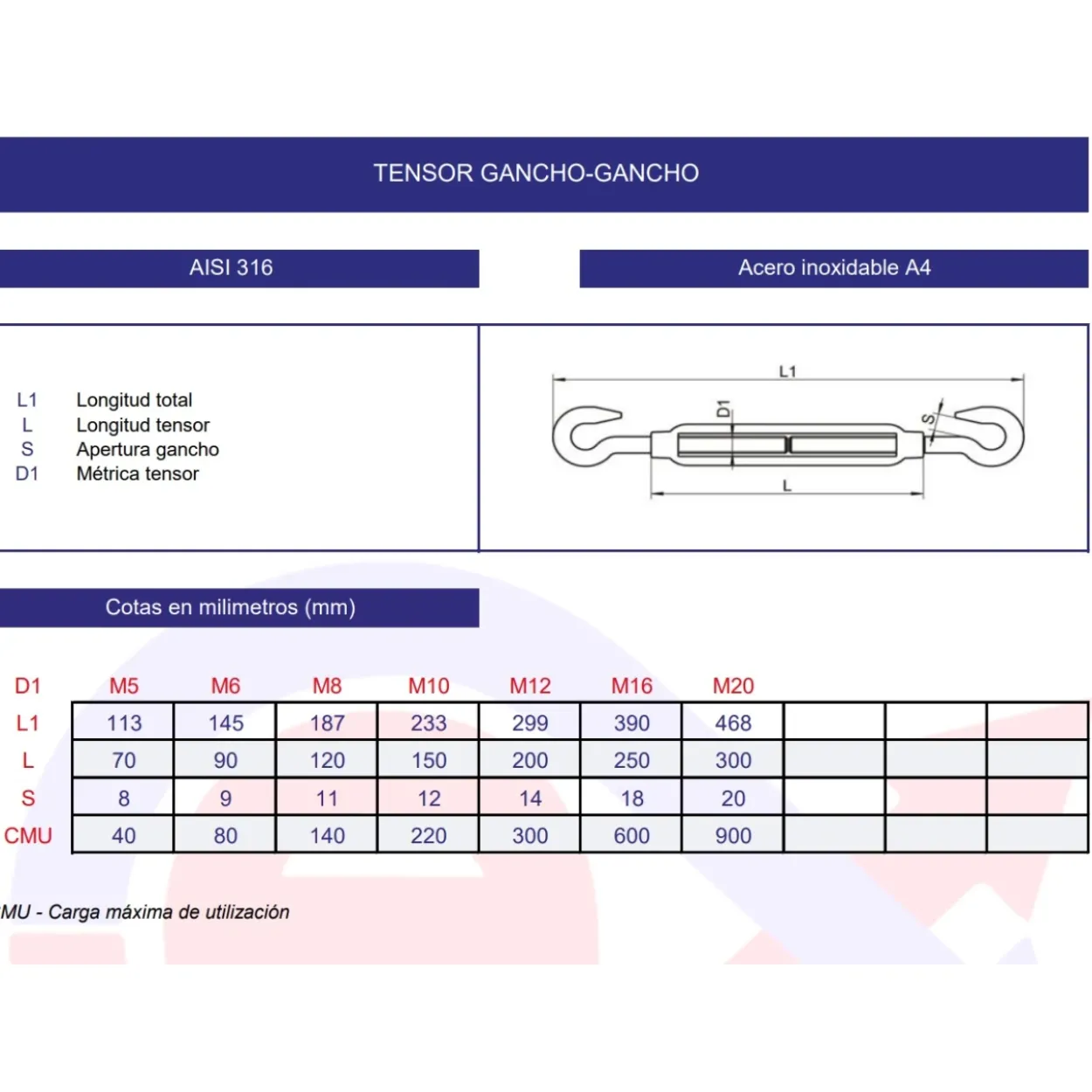 Tensor DIN-1480 gancho-gancho inoxidable A4