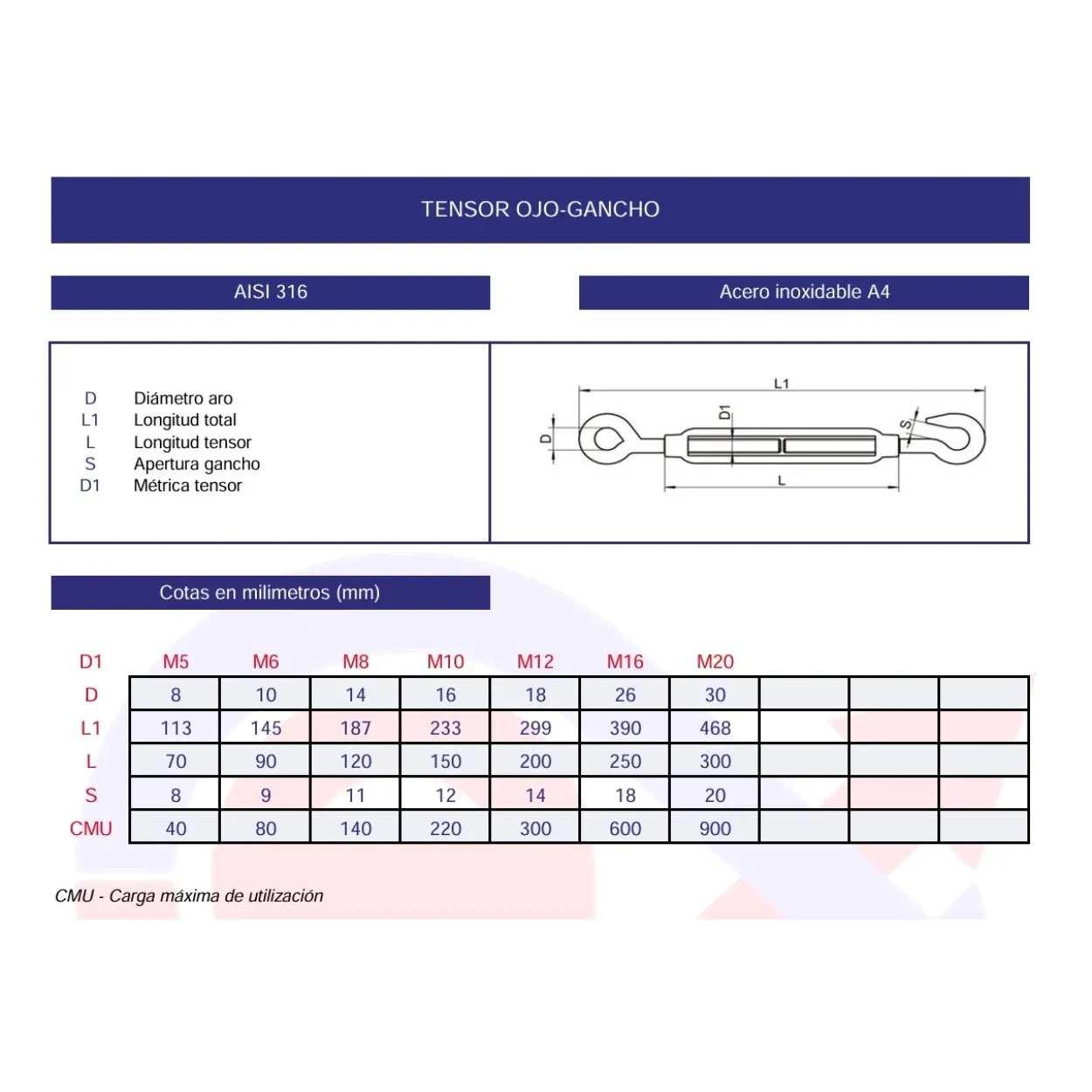 Tensor DIN-1480 ojo-gancho inoxidable A4