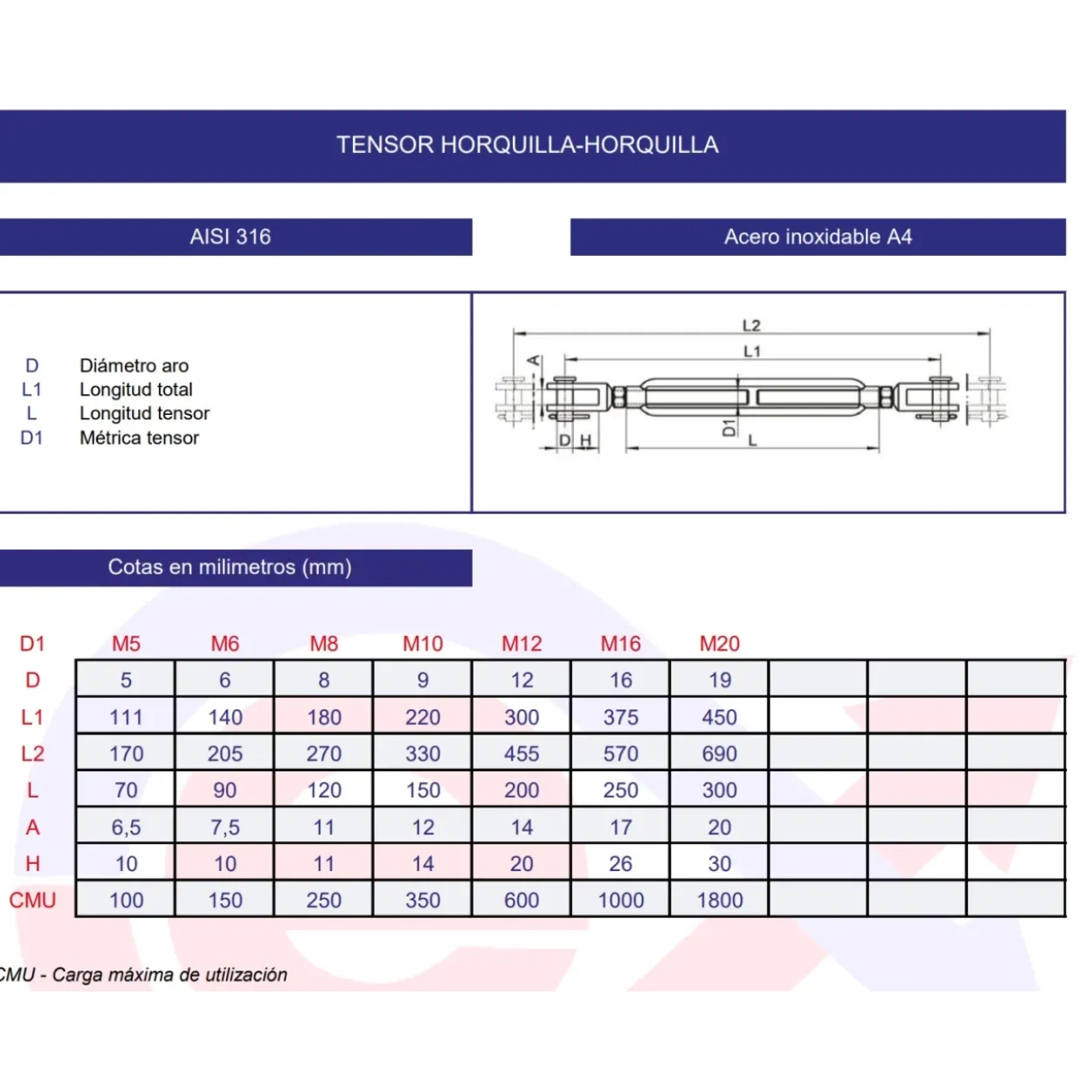 Tensor horquilla-horquilla inoxidable A4