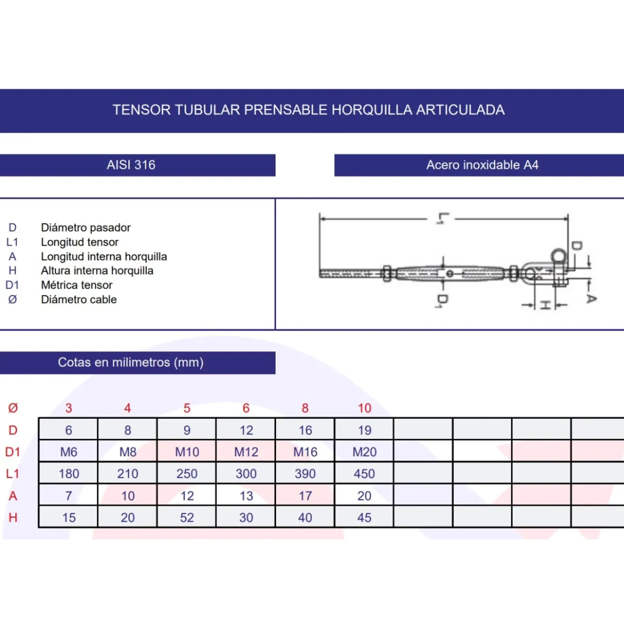 Tensor tubular prensable horquilla articulada inoxidable A4