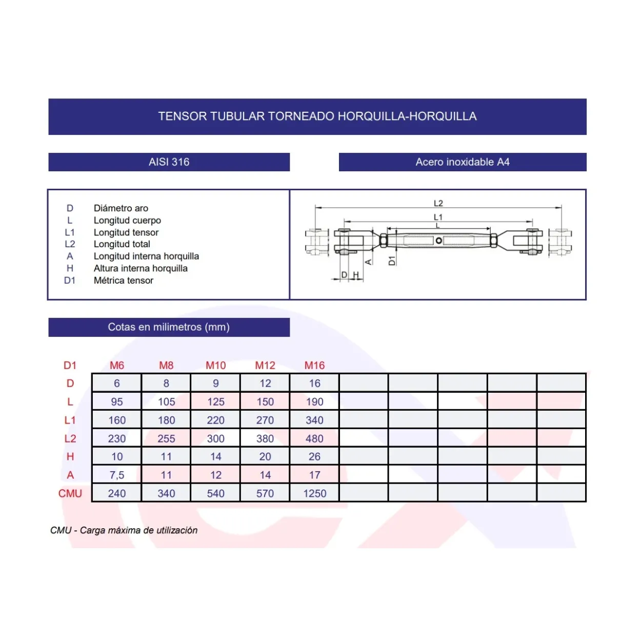 Tensor tubular torneado horquilla-horquilla inoxidable A4