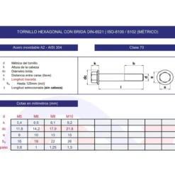 Tornillo hexagonal brida lisa DIN-6921 inoxidable A2