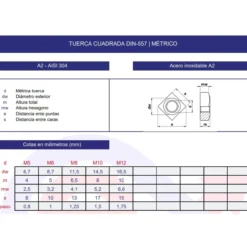 Tuerca cuadrada DIN-557 inoxidable A2