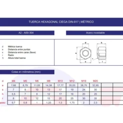 Tuerca hexagonal ciega DIN-917 inoxidable A2